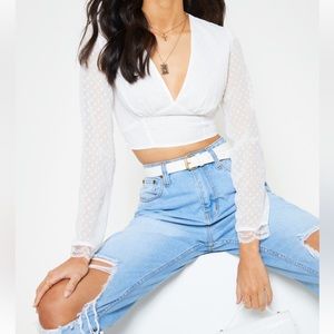 White Dobby mesh plunge long sleeve crop top